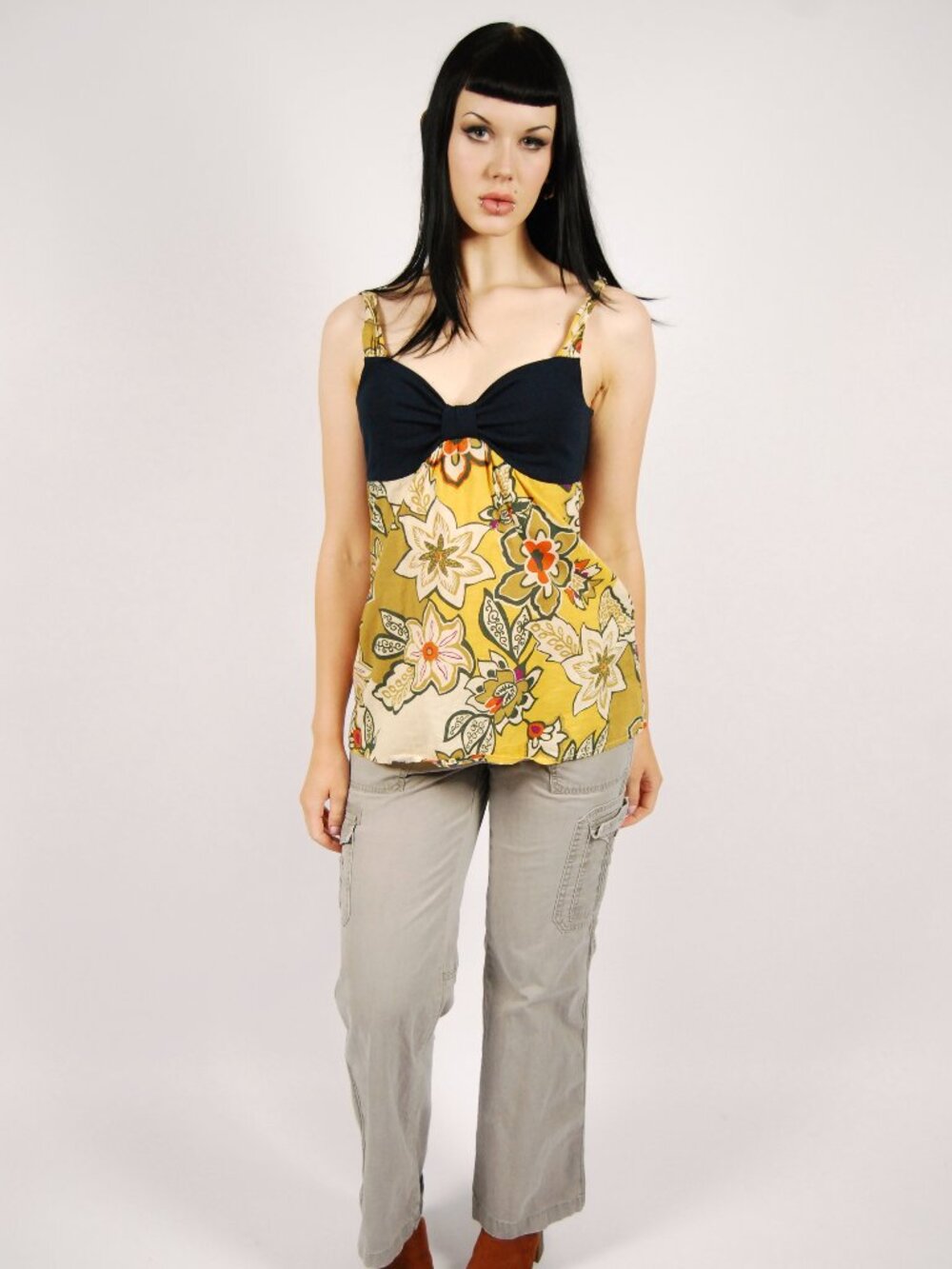 Y2K Babydoll Tank Top (L) large blue yellow vintage womens floral Matty M boho